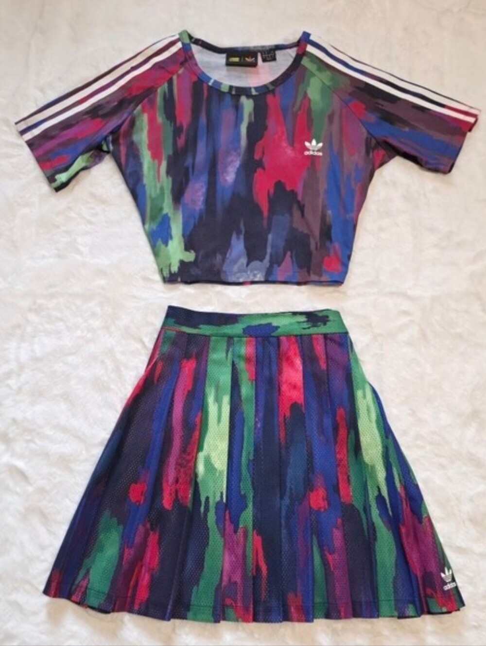 Adidas Multicolor Brushstroke Crop Top & Pleated Skirt Set